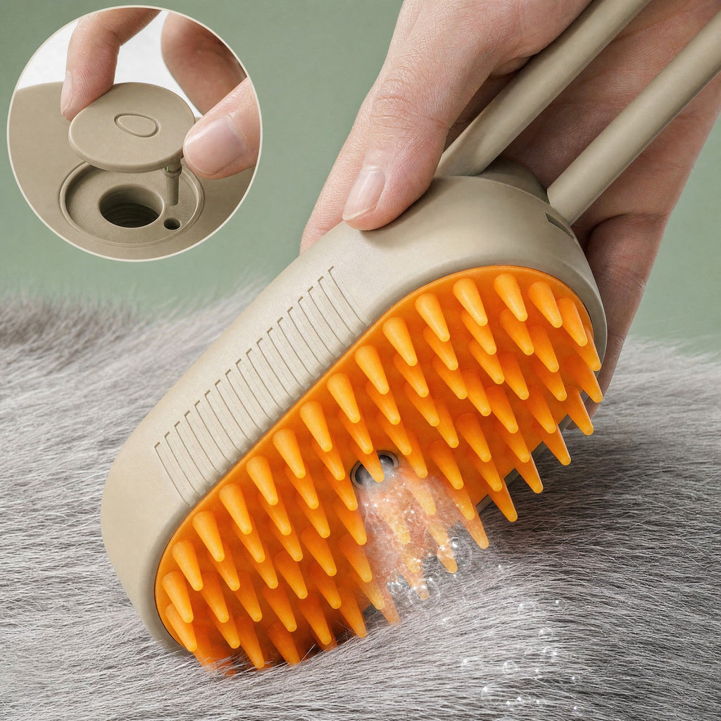 Glowcoat steam brush releasing warm mist into a pet's coat